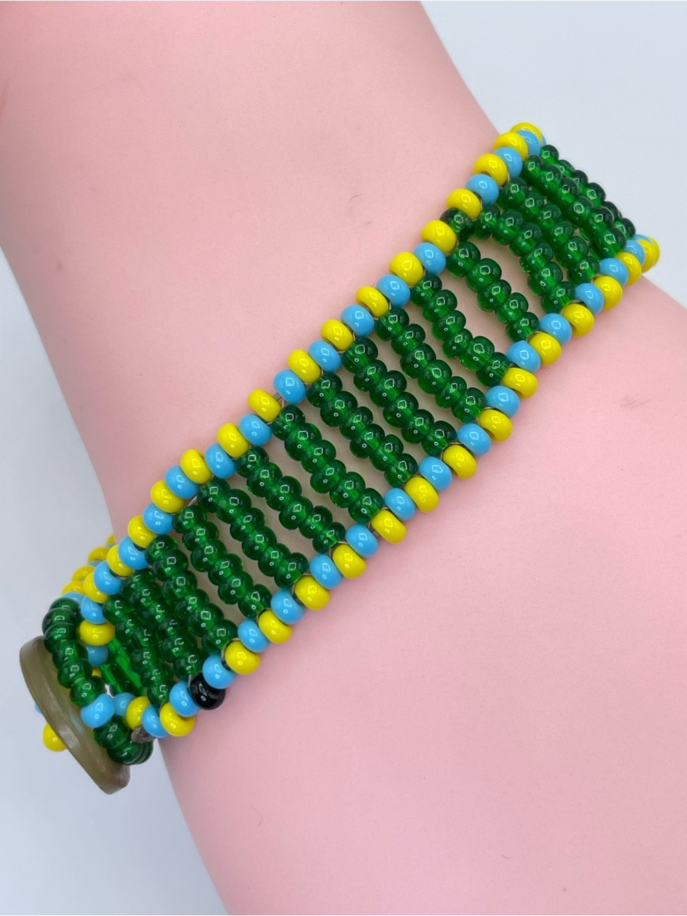 Handmade Green Blue Yellow Seed Bead Mother of Pearl Wide Bracelet Boho